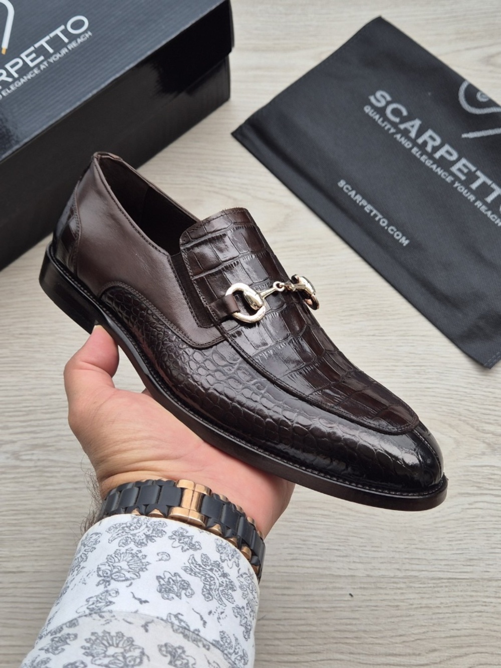 Espresso Matte Croco Embossed Leather Loafers with Polished Horsebit Snaffle Det